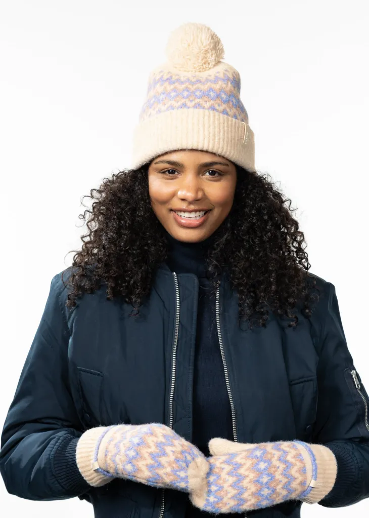 Nakarah Beanie Damenmütze mit Bommel und Winterprint